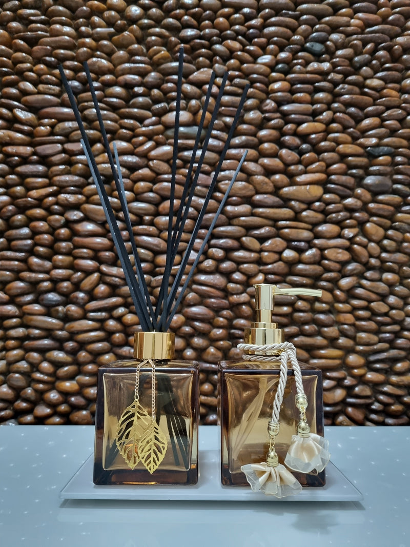 Kit Aromatizador de Ambiente e Saboneteira Cubo Âmbar 250ml